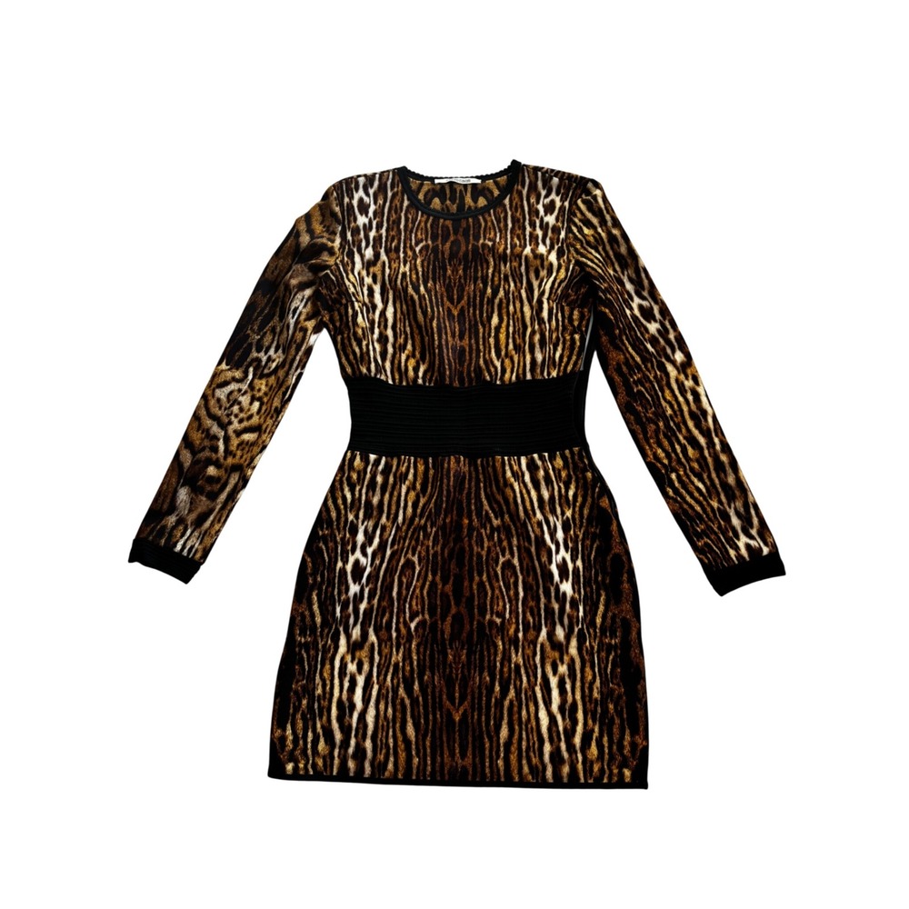 Roberto Cavalli Dress IT 38 Brown Animal Print Long Sleeve Bodycon Mini RC Logo